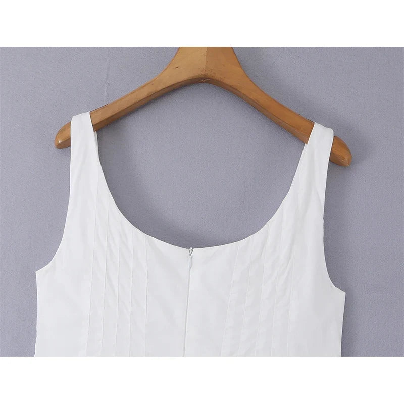 French Summer Sleeveless White Midi Dresses