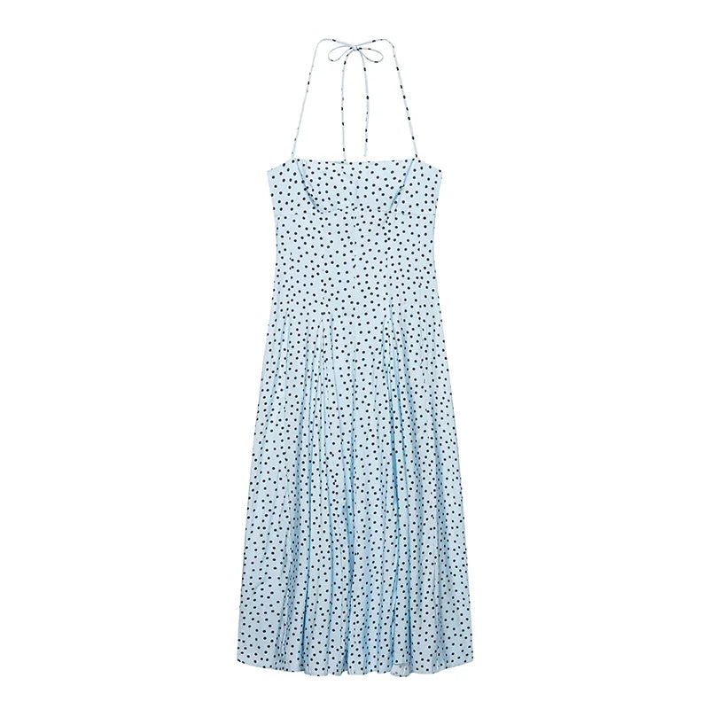 Light Blue Polka Dot Halter Midi Dresses