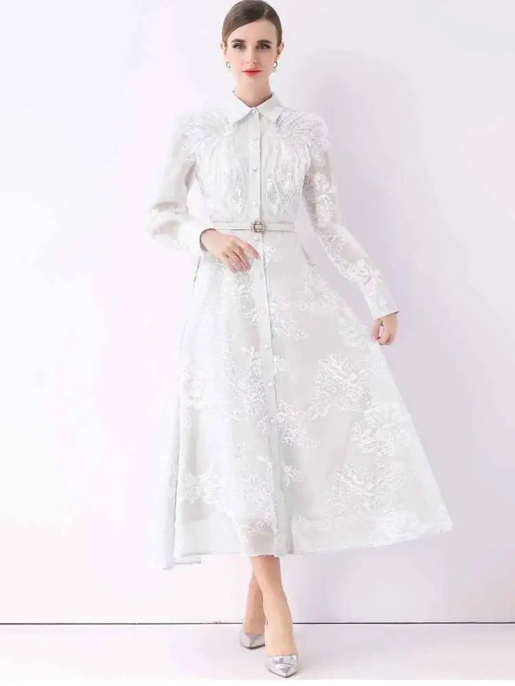 Summer Printed Lapel Long Sleeve Waist Dresses