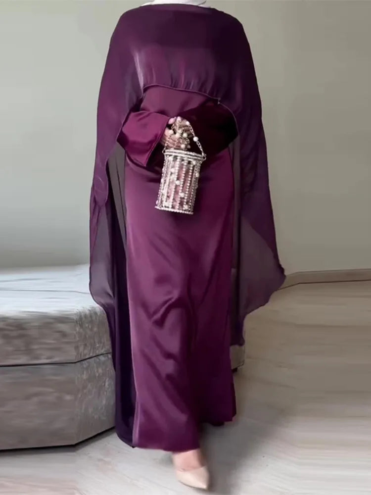 Luxury Purple Abaya With Chiffon Overlay Modest Islamic Long Dresses