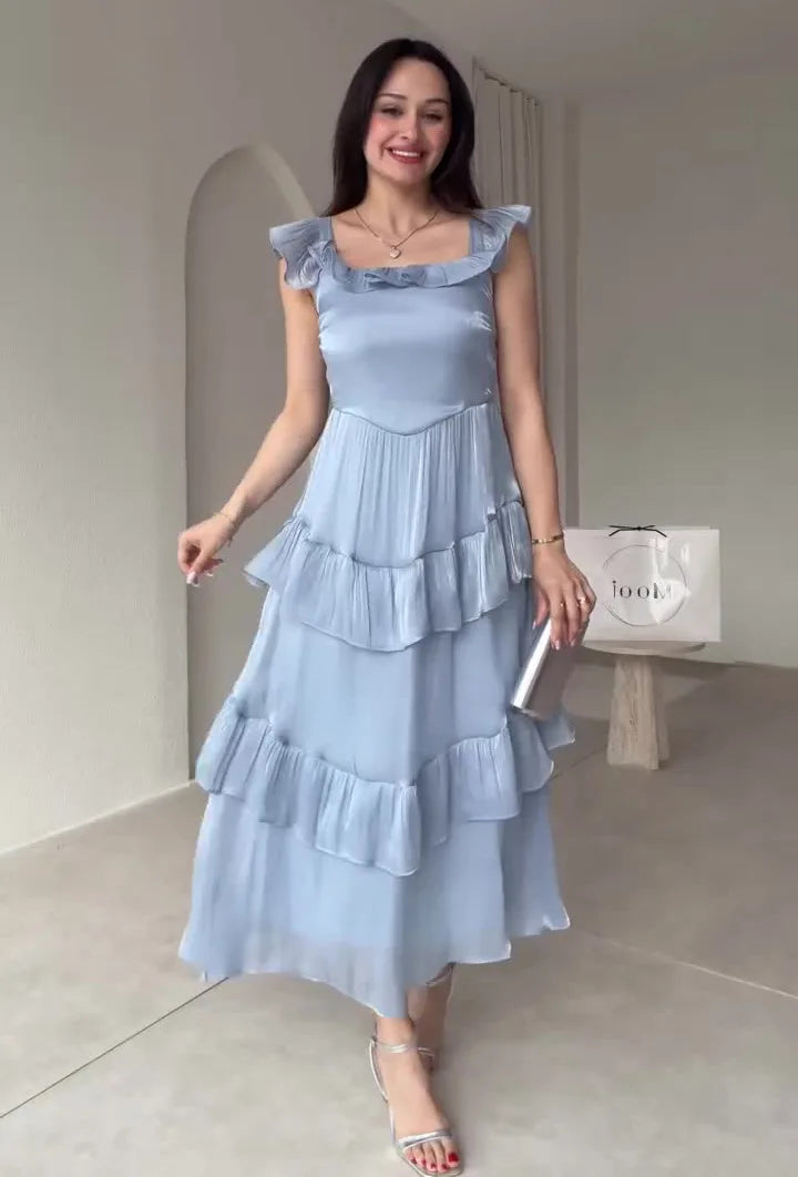 Sweet Square Neck Sleeveless Ruffle Edge Layered Spliced Waist Cinching Dresses