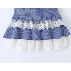 Sexy Cute Girls Blue Plaid Tiered Lace Trim Mini Dresses
