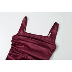 Wine Red Satin Sling Maxi Dresses