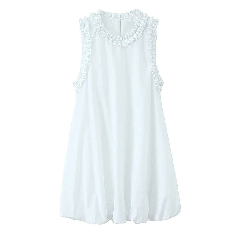 Summer Ruffle O Neck Sleeveless A-line Mini White Dresses Sexy Casual Vestidos