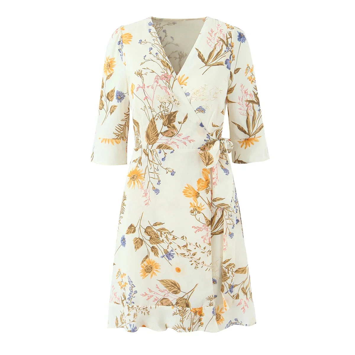 French Floral Print Cross V Neck Wrap Dresses