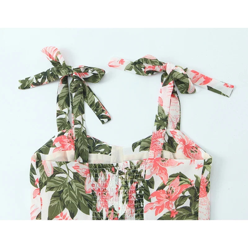 Holiday Summer Dresses French Floral Print Sexy Slim Fit A-line Midi Sleeveless Dress