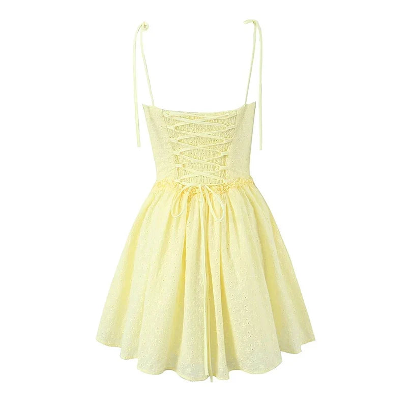 Sexy Elegant Hollow Out Embroidery Yellow Sling Mini Dresses
