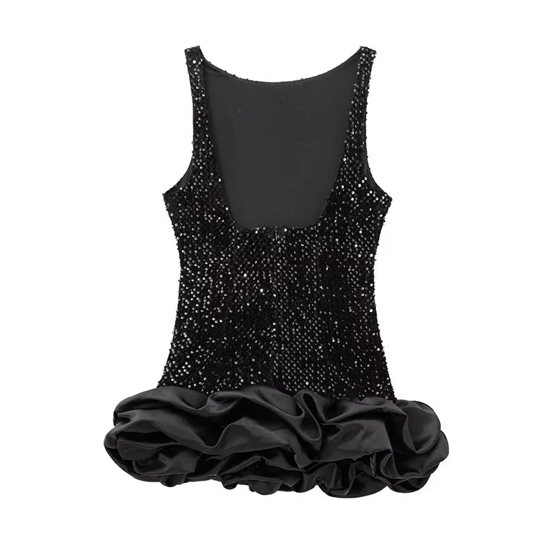 Christmas Party Mini Dresses Sexy Backless O Neck Sleeveless Ruffle Hem Ball Gown Dresses
