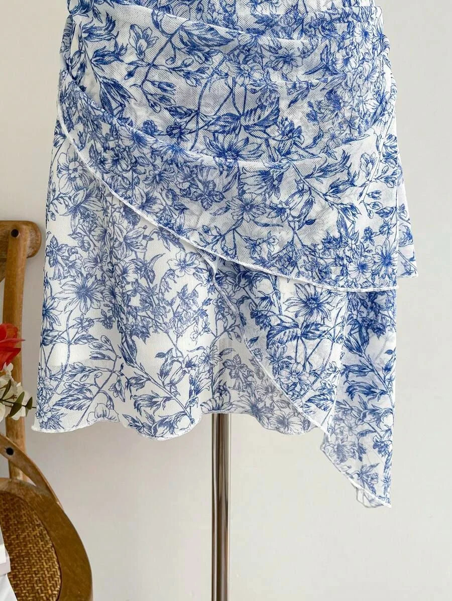 Summer Blue Floral Mesh Dress, V Neck Sexy Elegant Sweet Slim Fit Casual Party Dress