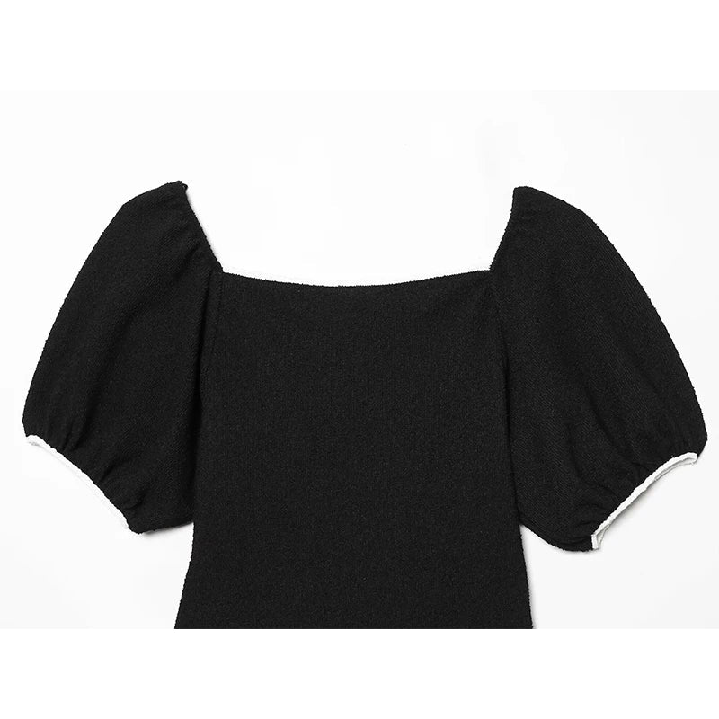 Vintage Puff Sleeve A-line Short Black Dresses Female Vestidos