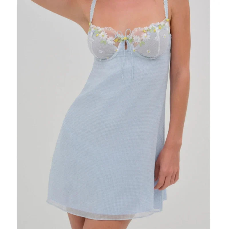 Light Blue Floral Embroidery Sling Sexy Dresses Summer Night Out Party Backless Dresses