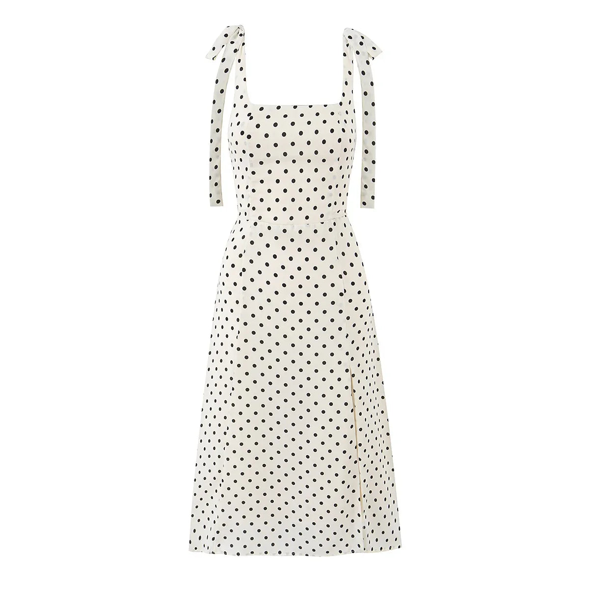 Summer Tie Strap Square Neck Polka Dot Dresses Slit Hem A-line Elegant Retro French Dresses