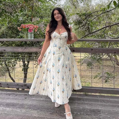 A-line Midi Elegant Party Dresses Sexy Wide Straps Lace Spliced Holiday Summer Floral Print Dresses