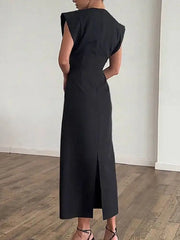 Fashionable Round Neck Sleeveless Waist Cinched Slim Fit Mid Length Dresses