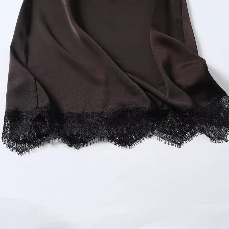 Lace Trim Brown Short Tank Dresses