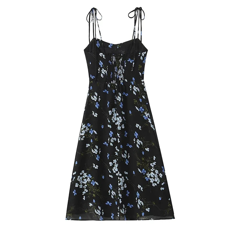 Summer French Style Retro Floral Print Sling Dresses Sexy Hem Slit High Waist A-line Midi Dresses