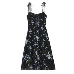 Summer French Style Retro Floral Print Sling Dresses Sexy Hem Slit High Waist A-line Midi Dresses