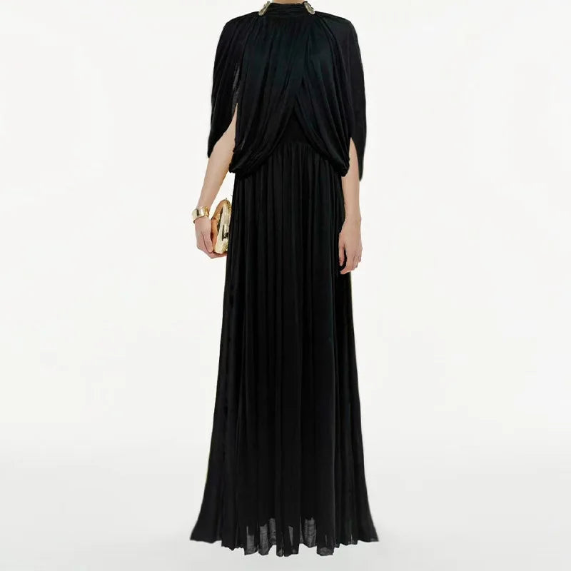 Summer Pleated Elegant Round Neck Chiffon Fashionable Long Dress