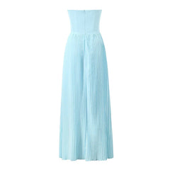 Elegant Blue Sexy Low Waist Pleated Strapless Dresses