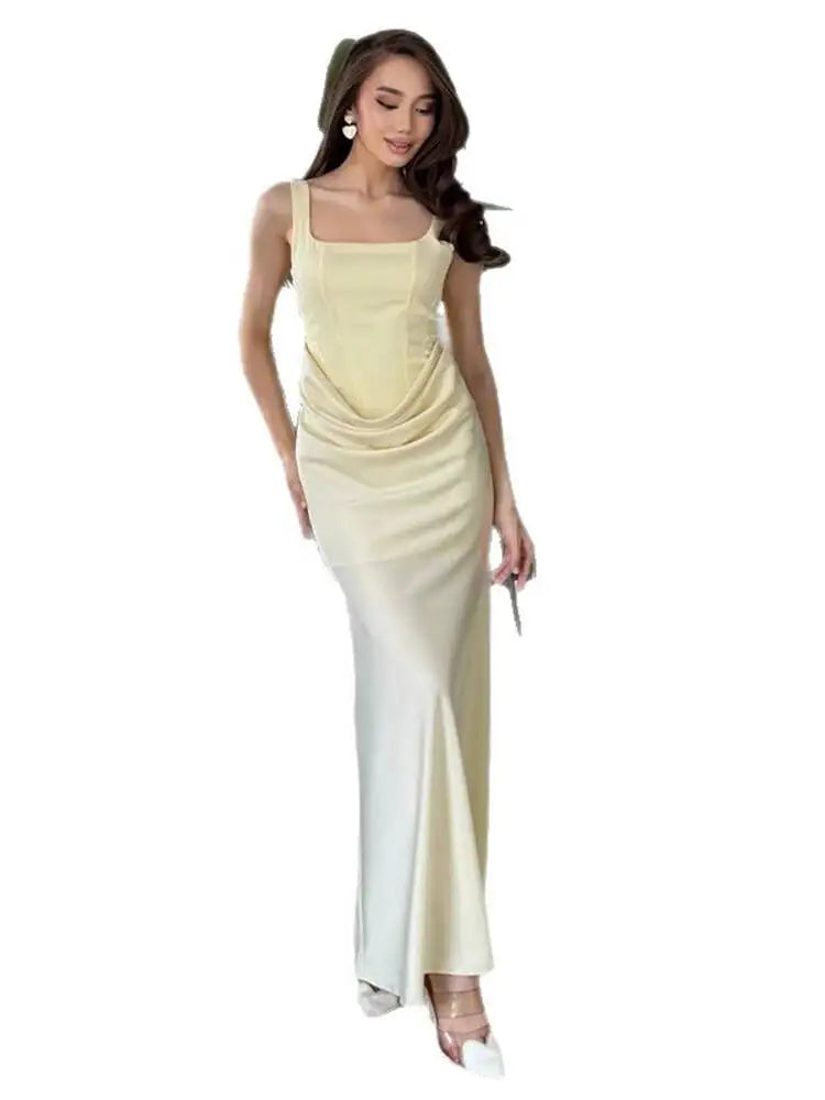 Summer Square Neck Sleeveless Pleated Hip Hugging Dresses