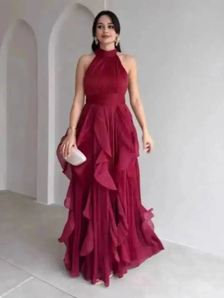 Elegant Waist-Cinching Ruffle Hem Long Sleeveless Dresses