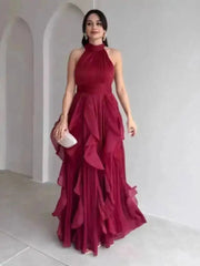 Elegant Waist-Cinching Ruffle Hem Long Sleeveless Dresses