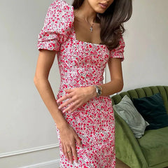 Sweet Holiday Dresses Summer Floral Print Short Sleeved A Line Dresses