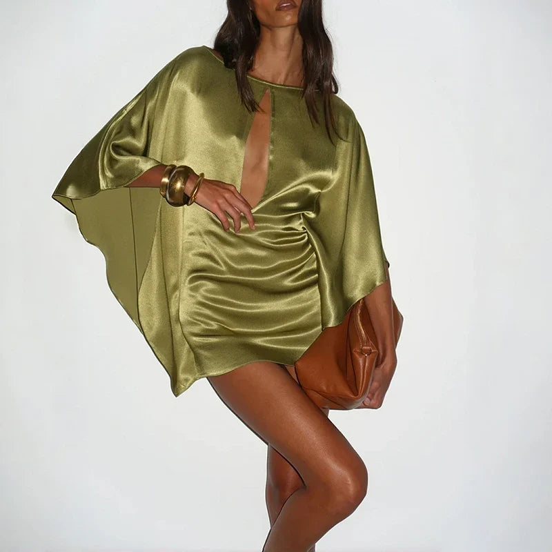 Satin Batwing Sleeve Slim Short Dresses