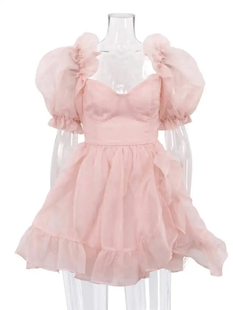 Sweet Square Neck Bubble Sleeve Backless A-line Dresses