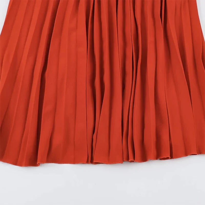 Color Block V Neck Chain Strap Pleated Midi Dresses