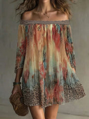 Casual Off Shoulder Long Sleeved Dresses Lace Patchwork Chiffon Mini Dresses
