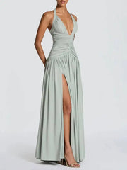 Temperament Hanging Neck Exposed Back Pleated Waist Slit Dresses