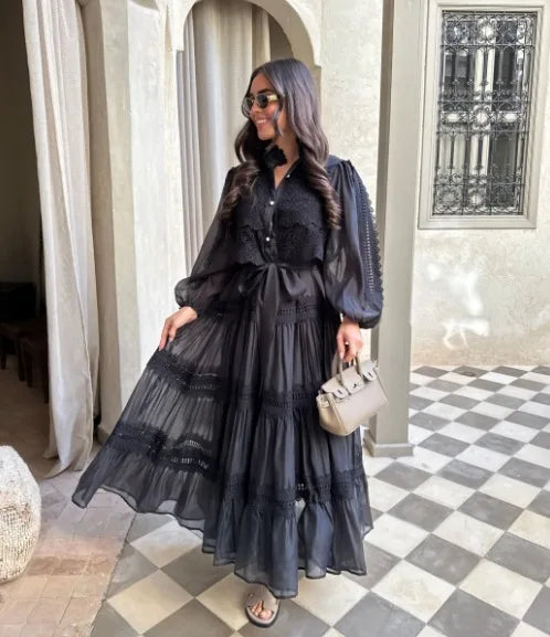 French Style Elegant Court Style Half High Collar Lace Embroidery Hollow Out Trim Long Dress