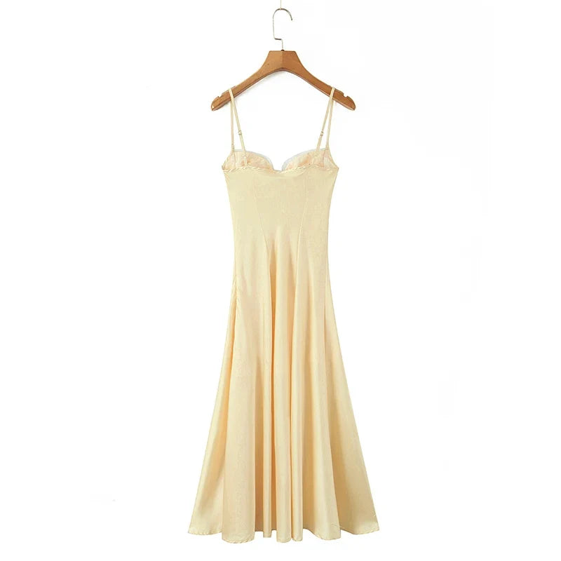 Satin Yellow Sling Sexy Elegant Dresses For Thin Straps A-line Midi Evening Party Dresses Christmas Robe