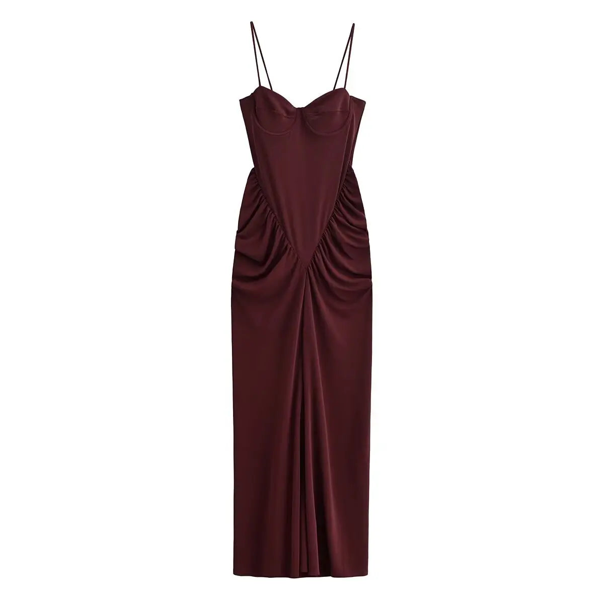 Sexy Burgundy Spaghetti Strap Corset Maxi Dresses Sweetheart Neck Ruched Waist Formal Evening Gown