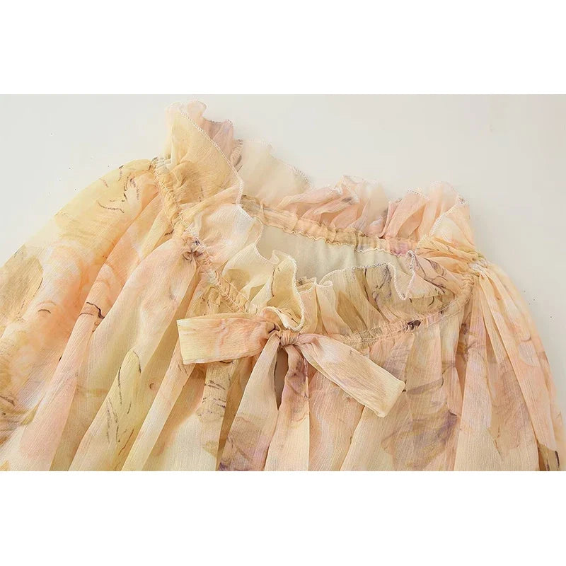 Spring Floral Print Short Dresses Lace Up Ruffle O Neck Long Sleeve Holiday Summer Dresses