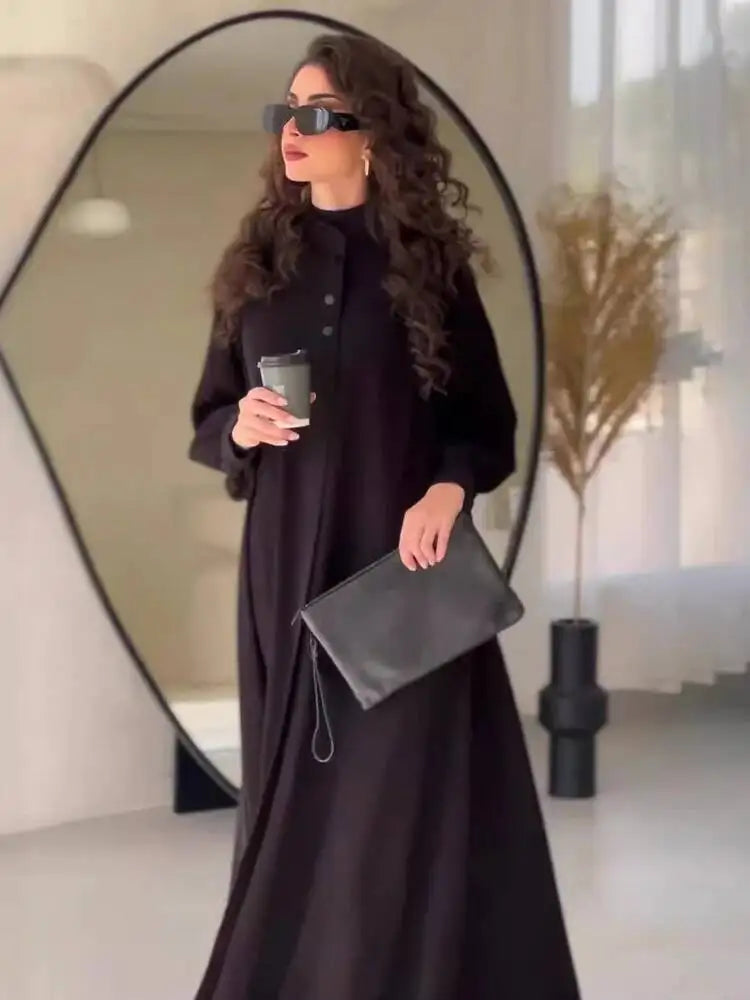 Fashionably Simple Stand Up Collar Long Sleeved Loose Hem Dresses