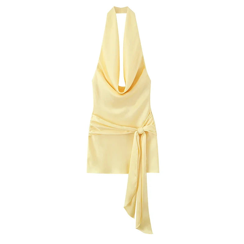 Sexy Backless Yellow Satin Mini Dresses Halter Tie Waist Cocktail Party Summer Vestidos