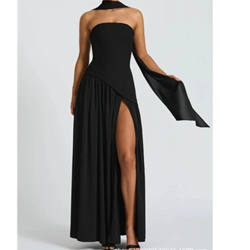 Elegant Strapless With Scarf Long Dresses Sexy High Slit Pleated Hem Evening Party Dresses