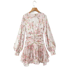 Autumn Boho Floral Print Ruffle Mini Dresses Long Sleeve V Neck Casual Holiday Lady Dresses