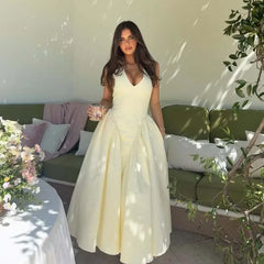 Sexy Backless Halter Yellow Midi Long Dresses