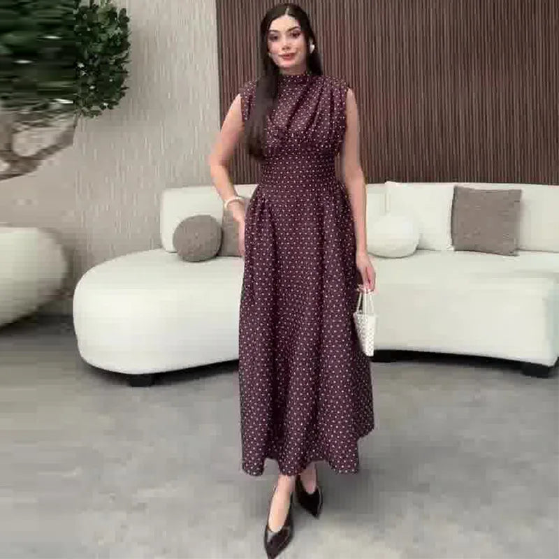 Office Lady Wave Point Stand Up Collar Bandage Sleeveless Waist Cinched Dresses