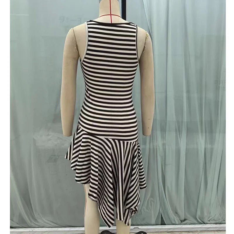 Round Neck Sleeveless Striped Asymmetric Midi Knit Dresses