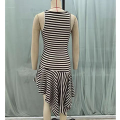 Round Neck Sleeveless Striped Asymmetric Midi Knit Dresses