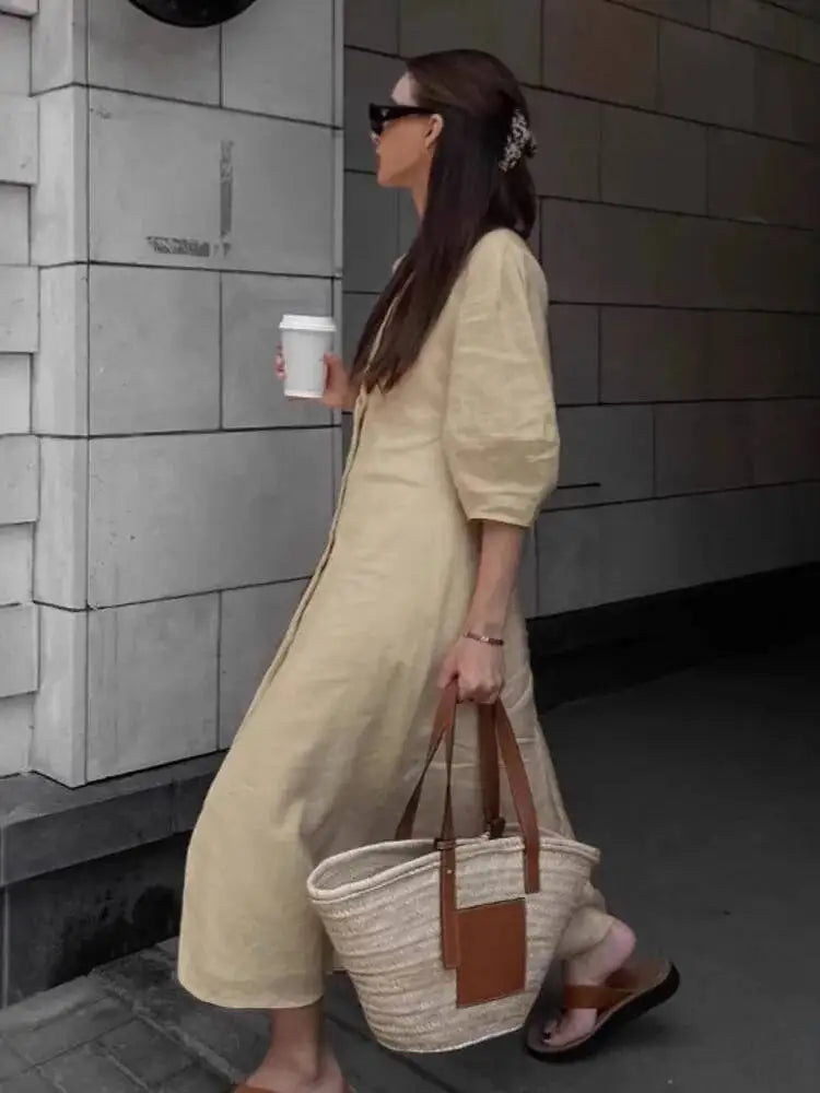 V-neck Bubble Sleeve A-line Dresses
