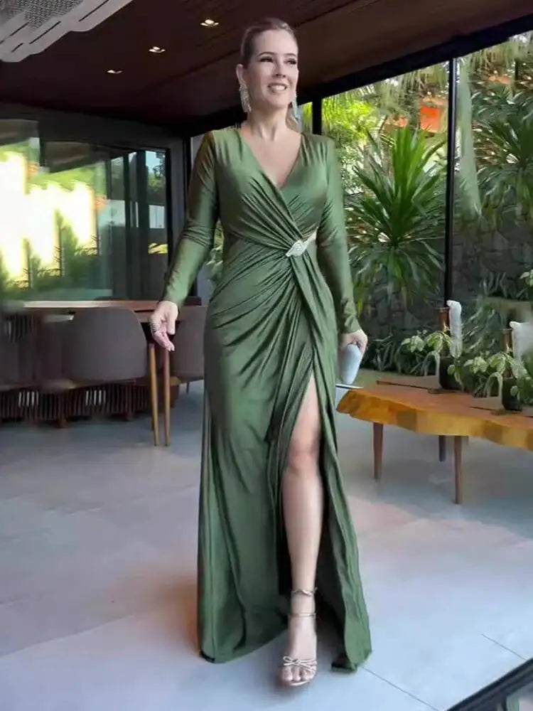 Beach Vacation V-neck Long Sleeved Cross Slim Fit Dresses