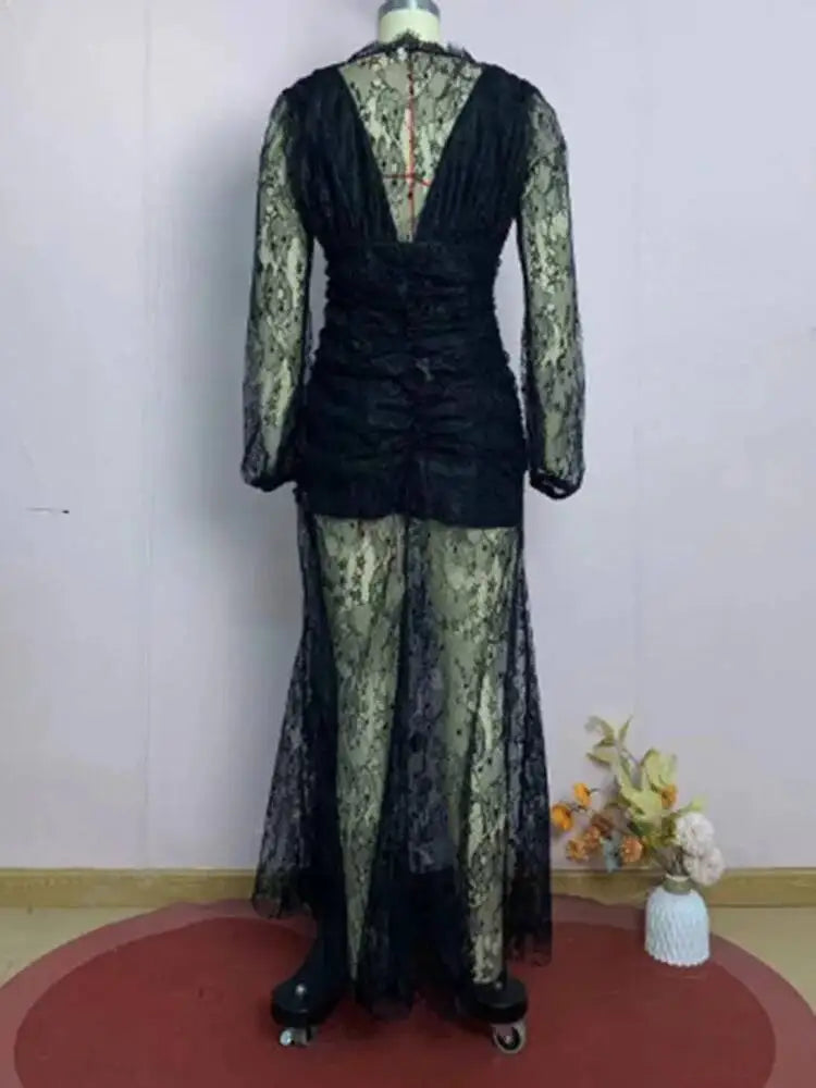 Temperament V-neck Long Sleeved Lace Pleated Waist Slimming Dresses