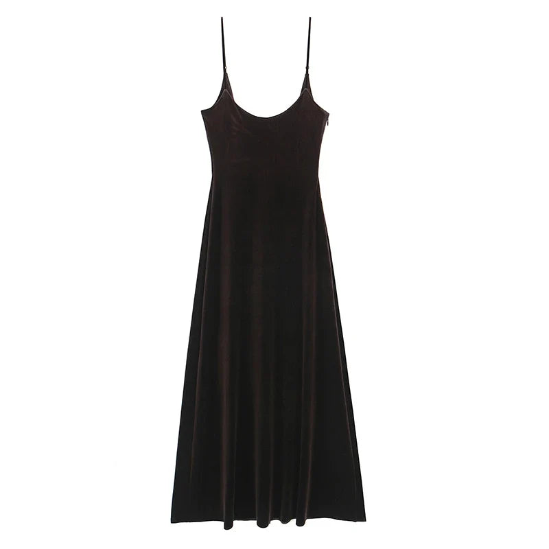 Brown Sexy Sling Long Velvet Dresses