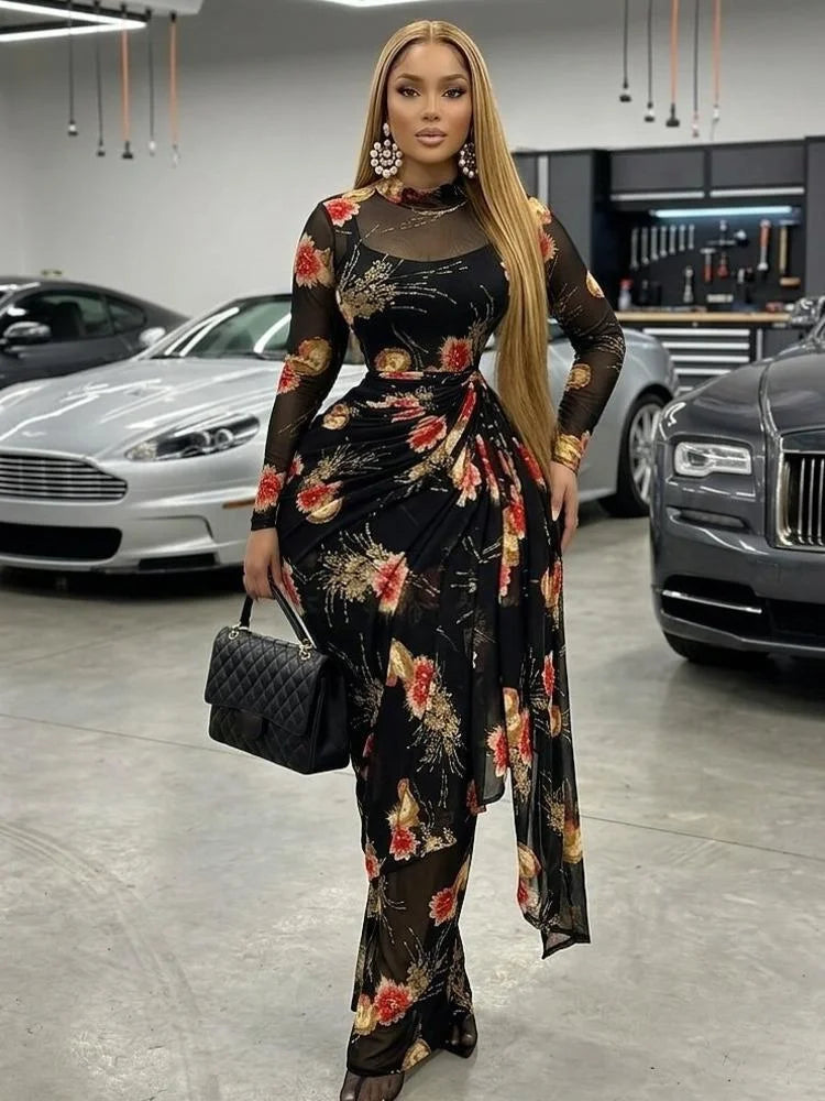 Print O-neck Ruched Ribbon Bodycon Long Maxi Dresses