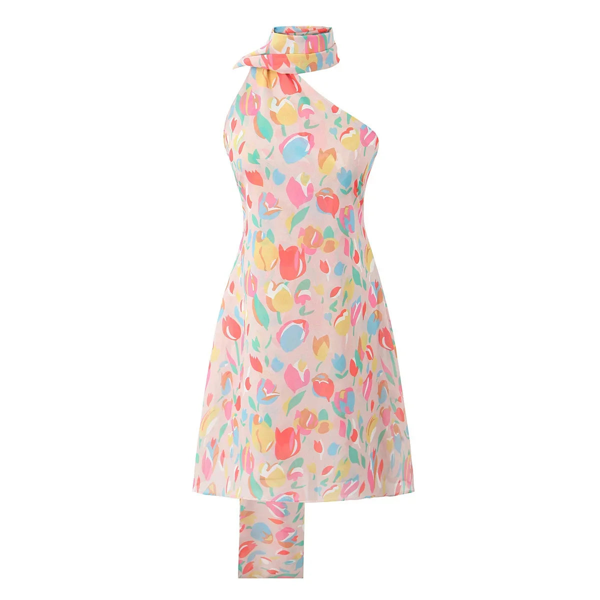 Multicolor Print Asymmetric Shoulder Halter Dresses